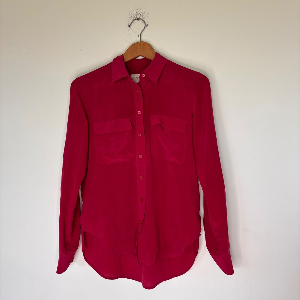 Lou & Grey Fuchsia Pink 100% Silk Utility Button Up Shirt Size XS